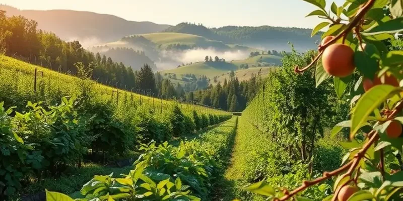 A beautiful landscape emphasizing organic vegetables and fruits growing naturally.