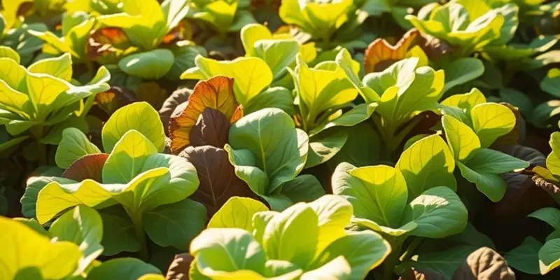Photorealistic image of a sunlit field with fresh salad greens growing in a natural setting.