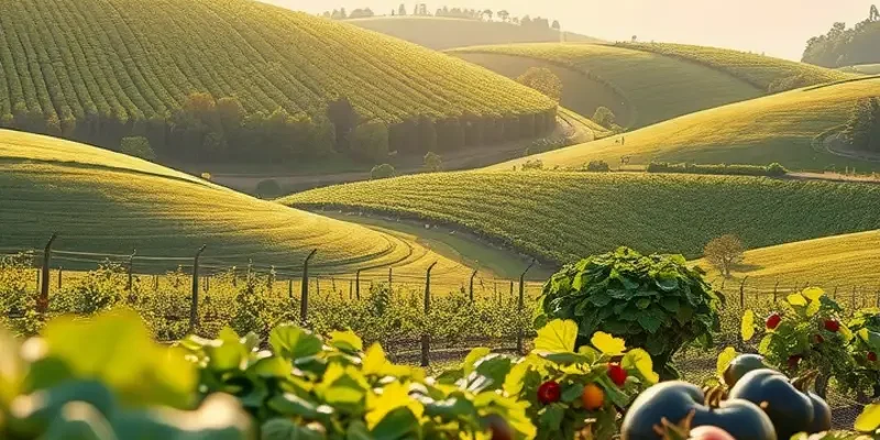 A vibrant sunlit landscape filled with fresh vegetables and fruits, representing the quality of ingredients in frozen sauces.
