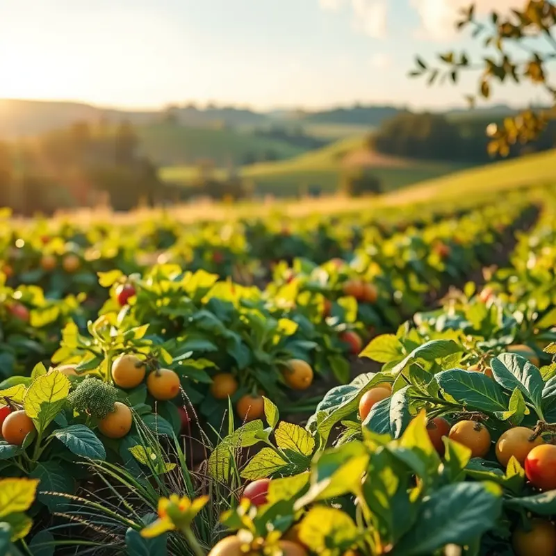 A vibrant sunlit field showcasing abundant organic produce.