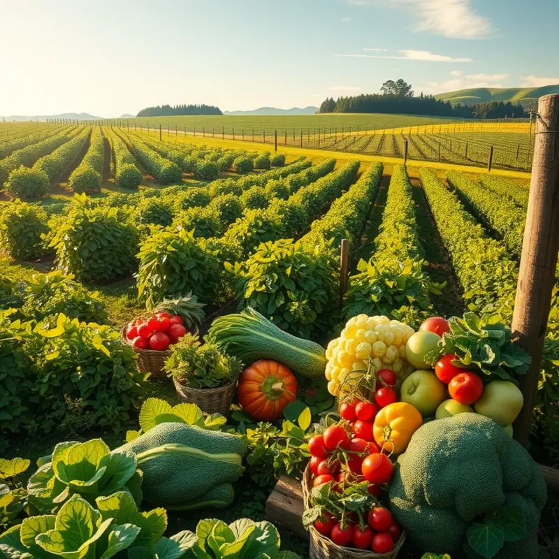 A vibrant sunlit field showcasing abundant organic produce.