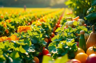 A scenic depiction of a sunlit orchard laden with fresh, colorful vegetables and fruits amidst lush greenery.
