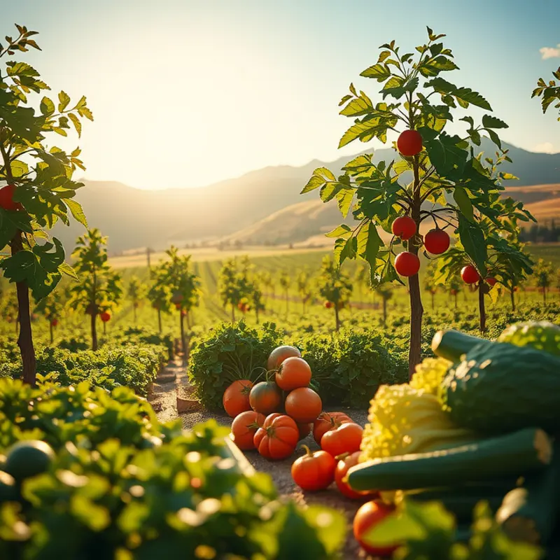 A sunlit field filled with vibrant organic produce reflecting Africa’s rich culinary heritage.