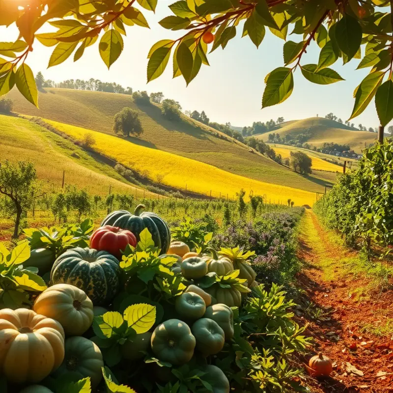 A serene landscape showcasing the natural beauty of vibrant fruits and vegetables.