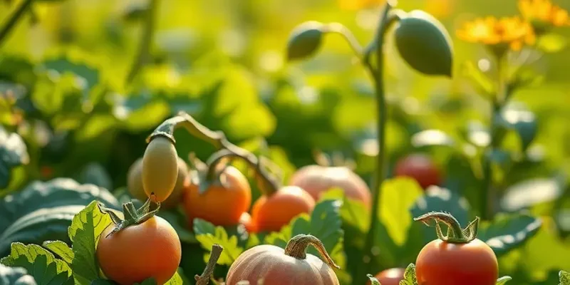 A lush landscape filled with vibrant vegetables and fruits in a sunny organic field.