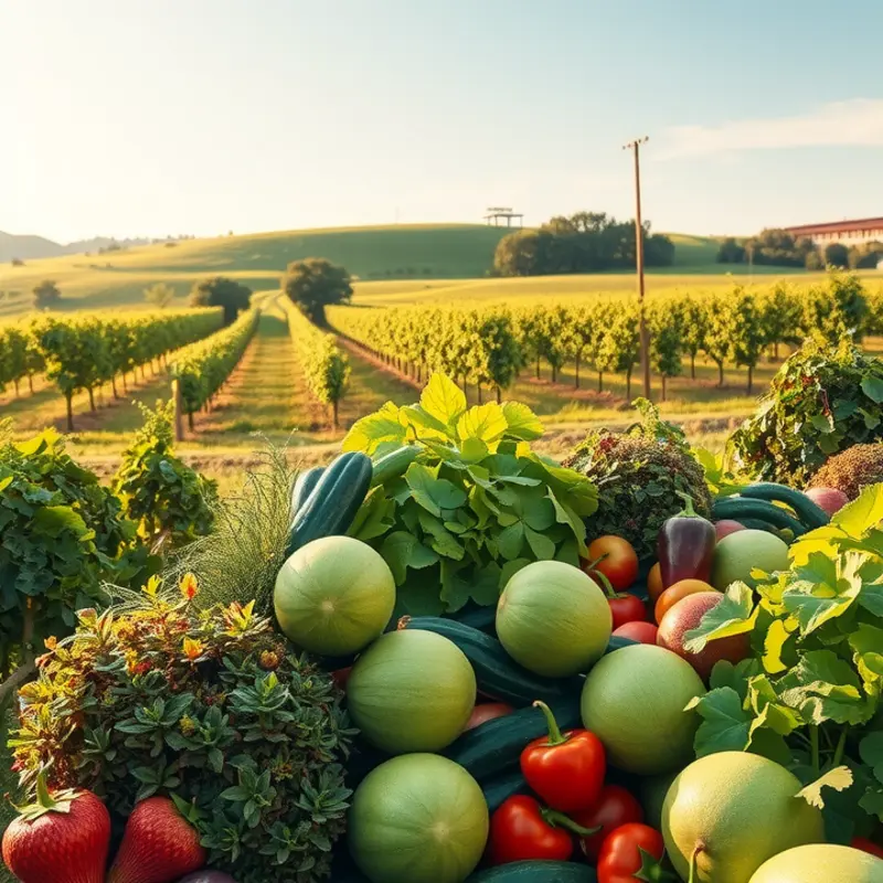 A vibrant sunlit field showcasing an abundance of organic vegetables and fruits.
