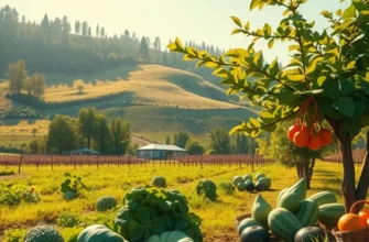 A beautiful, organic landscape featuring a variety of fruits and vegetables in a lush green field.