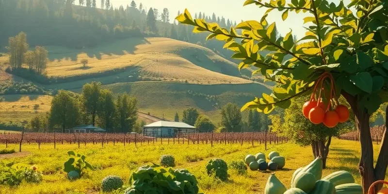 A beautiful, organic landscape featuring a variety of fruits and vegetables in a lush green field.