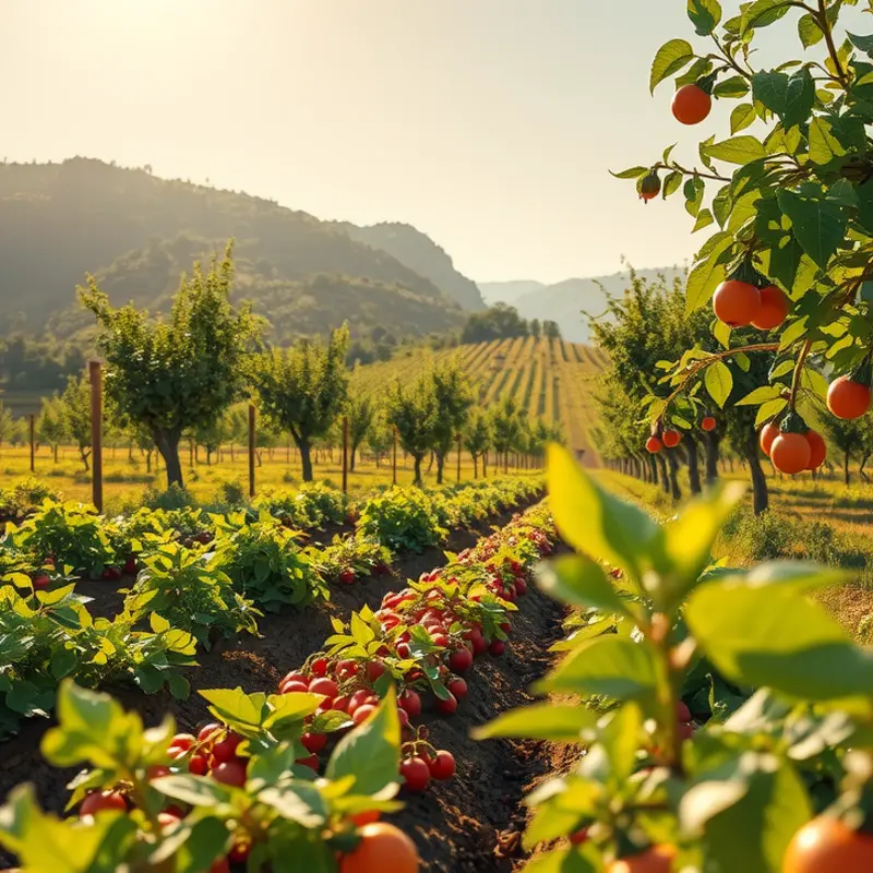 Vibrant fruits and vegetables flourish in a sunlit orchard.