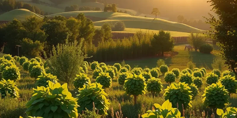 A beautiful view of a sunlit field filled with seasonal vegetables and fruits, highlighting organic abundance.