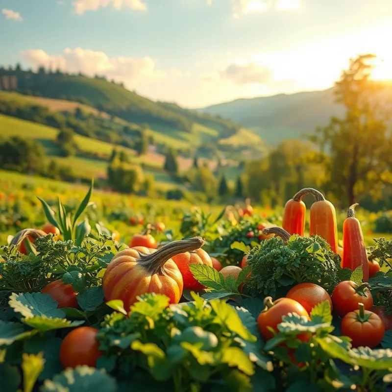A vibrant field showcasing an abundance of seasonal vegetables and fruits.