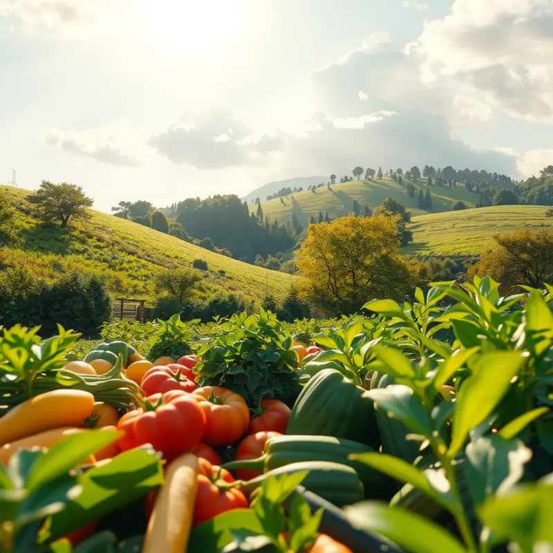 A scenic view of a sunlit orchard filled with vibrant fruits and vegetables.