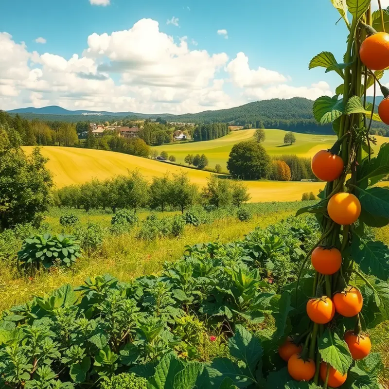 A scenic view of a sunlit orchard filled with vibrant fruits and vegetables.