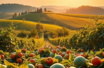 A lush orchard bathed in sunlight, filled with fresh fruits and vegetables representing a seasonal paleo diet.