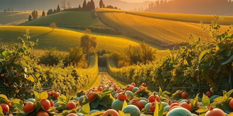 A lush orchard bathed in sunlight, filled with fresh fruits and vegetables representing a seasonal paleo diet.
