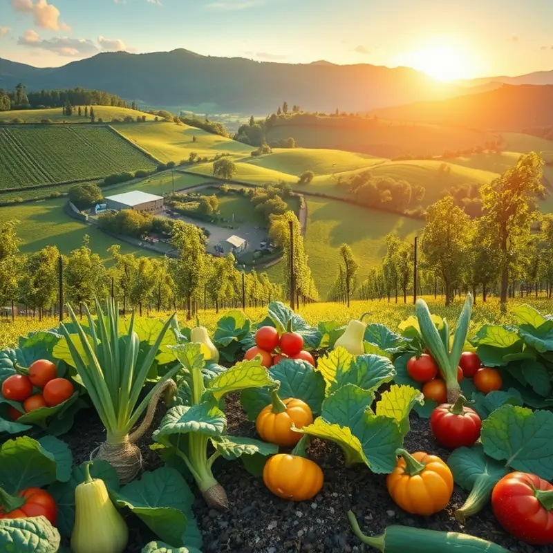 A scenic view of a sunlit orchard filled with vibrant crops.