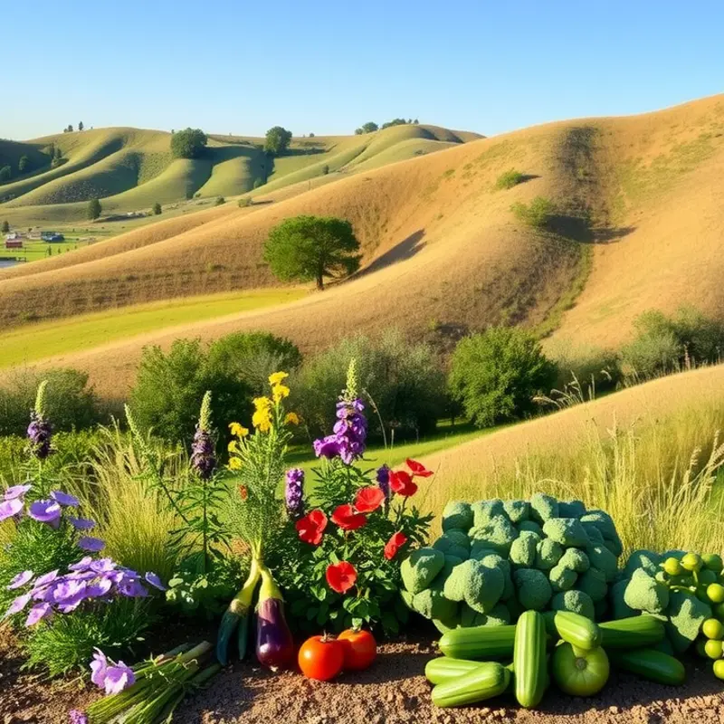 A sunlit field brimming with vibrant fruits and vegetables representing healthy organic nutrition.