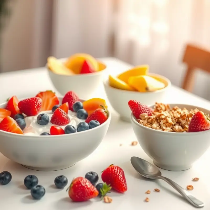 Colorful breakfast spread featuring fruits and yogurt.