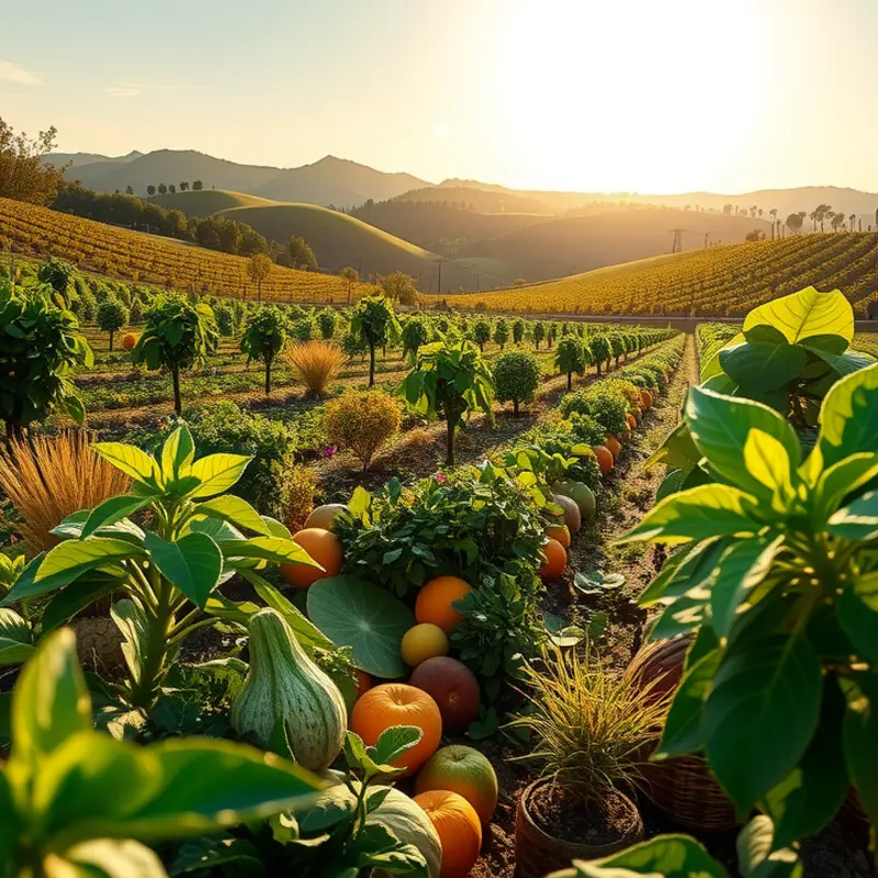 A serene orchard bursting with organic fruits and vegetables.