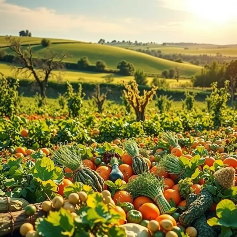 A vibrant orchard filled with fresh, organic fruits and vegetables in a sunlit field.