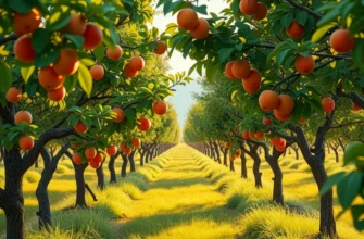 A photorealistic scene of a sunlit orchard filled with vibrant fruits and lush greenery.