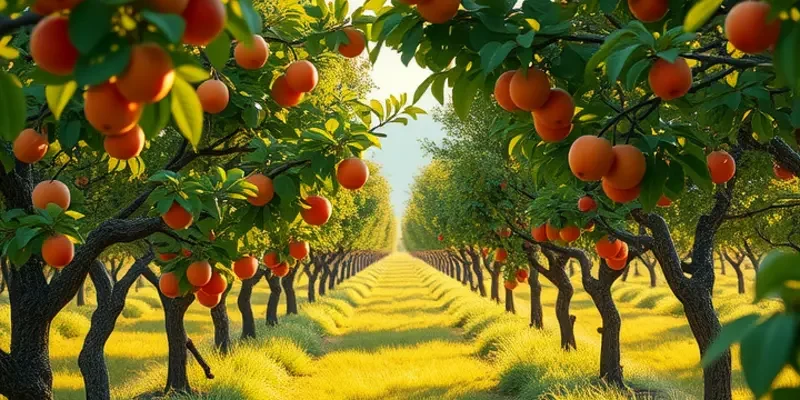 A photorealistic scene of a sunlit orchard filled with vibrant fruits and lush greenery.