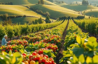 A serene landscape featuring a field abundant with organic produce, highlighted by natural sunlight.