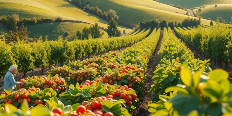 A serene landscape featuring a field abundant with organic produce, highlighted by natural sunlight.