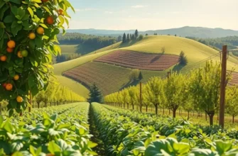 A picturesque orchard overflowing with colorful fruits and vegetables under soft natural light.