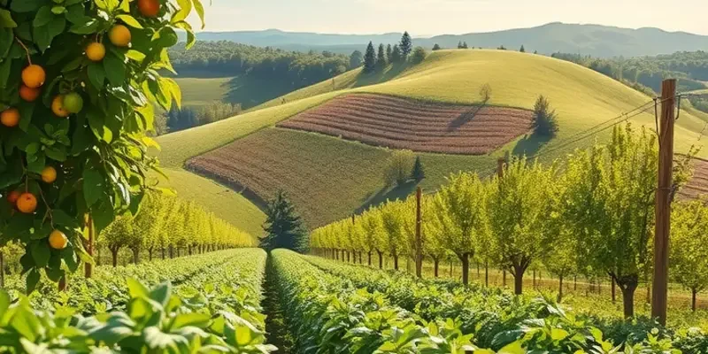 A picturesque orchard overflowing with colorful fruits and vegetables under soft natural light.