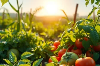 A serene landscape featuring a sunlit field with vibrant vegetables and fruits, showcasing organic abundance.