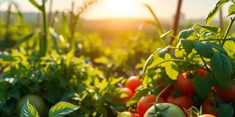 A serene landscape featuring a sunlit field with vibrant vegetables and fruits, showcasing organic abundance.