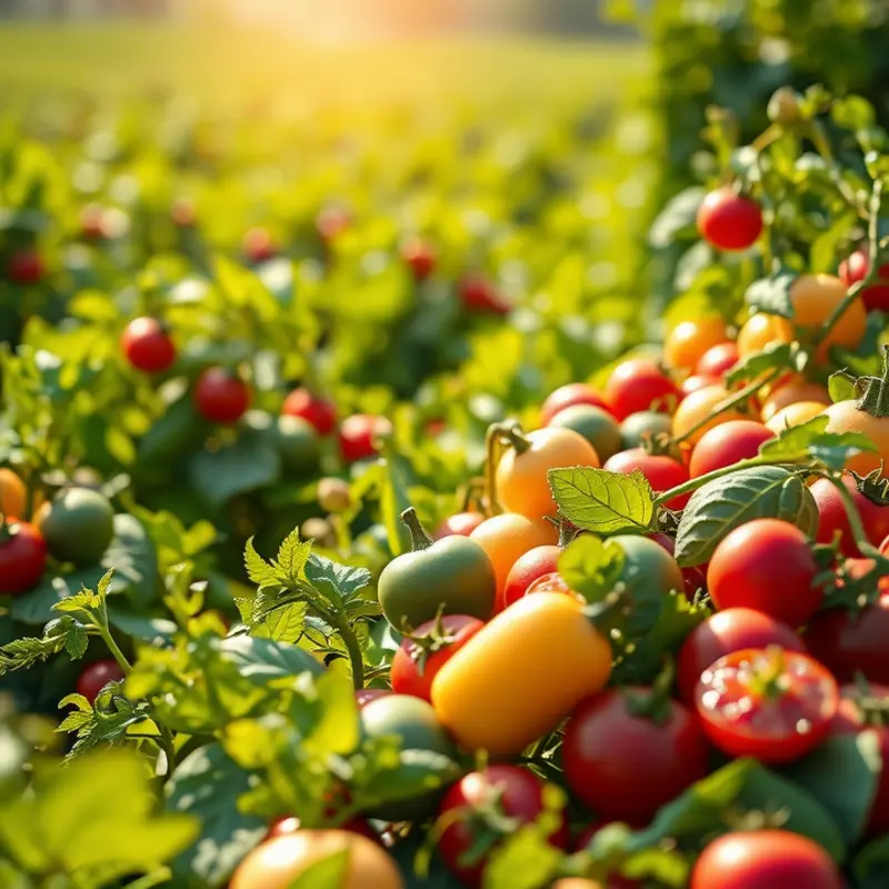 A vibrant sunlit field filled with organic fruits and vegetables.