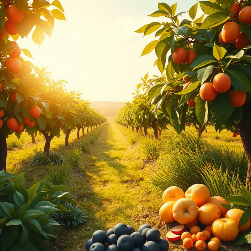 A sunlit orchard flourishing with vibrant fruits and vegetables, representing nourishment.