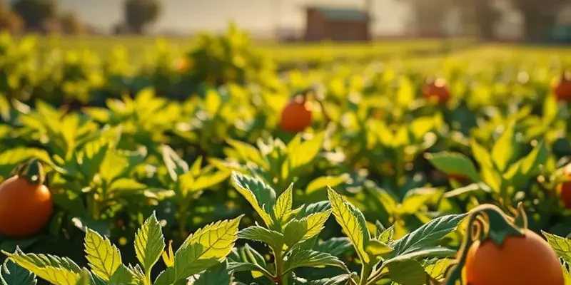 A beautiful landscape with organic vegetables and fruits thriving in a sunny field, promoting the idea of natural wellness.