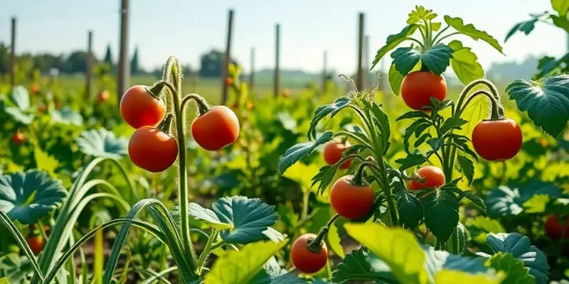 Vibrant field filled with organic produce in a serene, natural landscape.