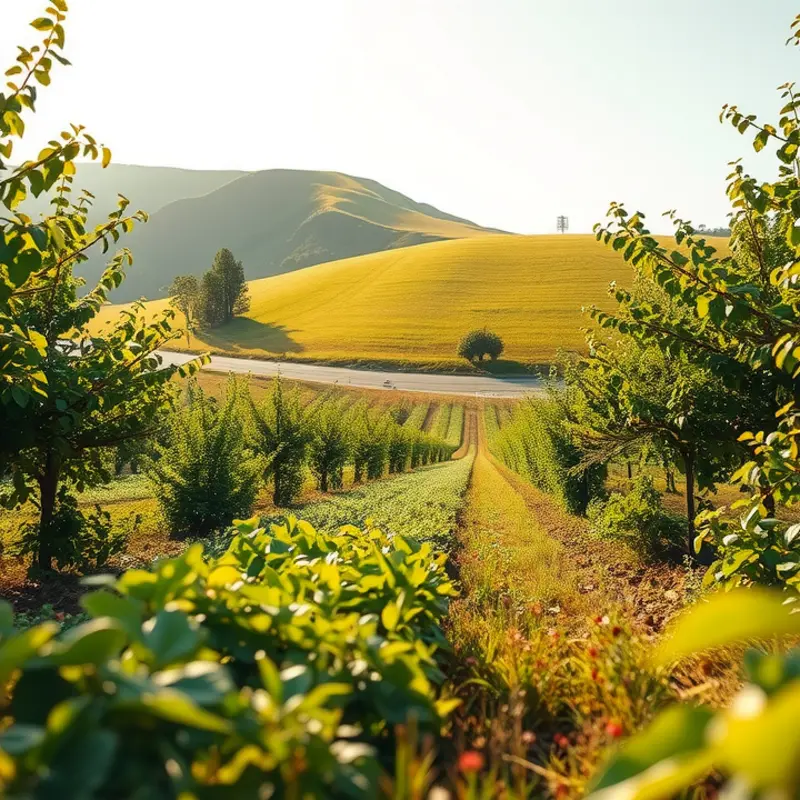 A colorful display of fresh fruits and grains in a scenic natural setting.