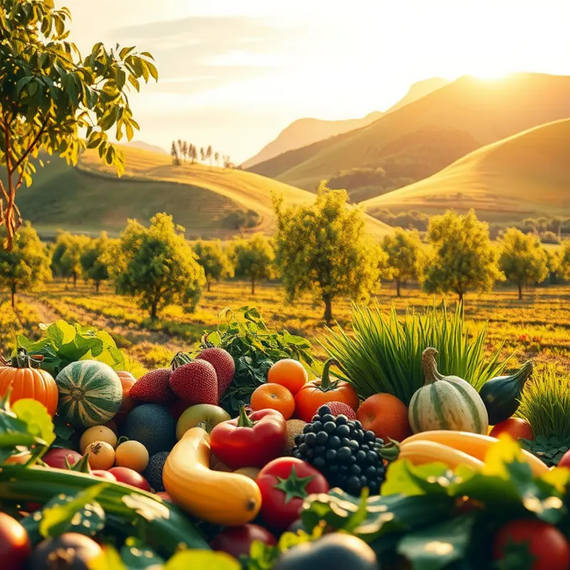 A sunlit field of vibrant fruits and vegetables, symbolizing fresh and organic cooking essentials.
