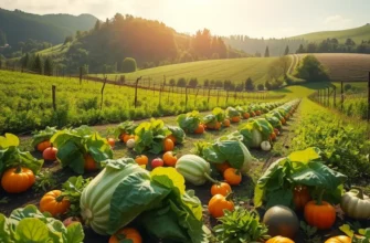 A beautiful landscape depicting vibrant fruits and vegetables under warm sunlight.