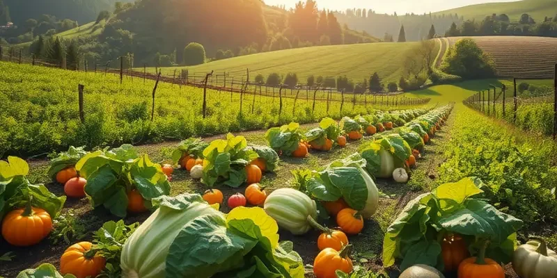 A beautiful landscape depicting vibrant fruits and vegetables under warm sunlight.