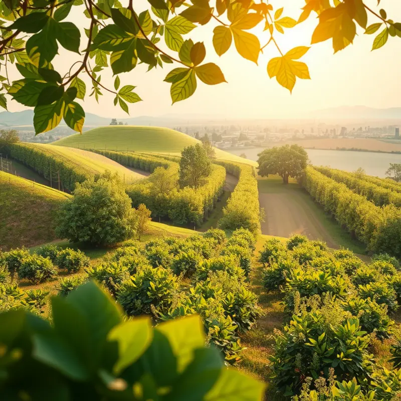 A serene sunlit field showcasing vibrant organic produce.