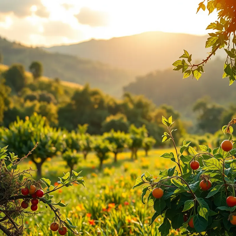 A serene sunlit field showcasing vibrant organic produce.