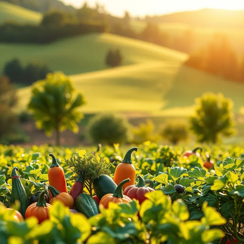 A vibrant sunlit field showcasing organic vegetables and fruits.