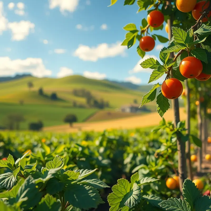 A vibrant sunlit field showcasing organic vegetables and fruits.