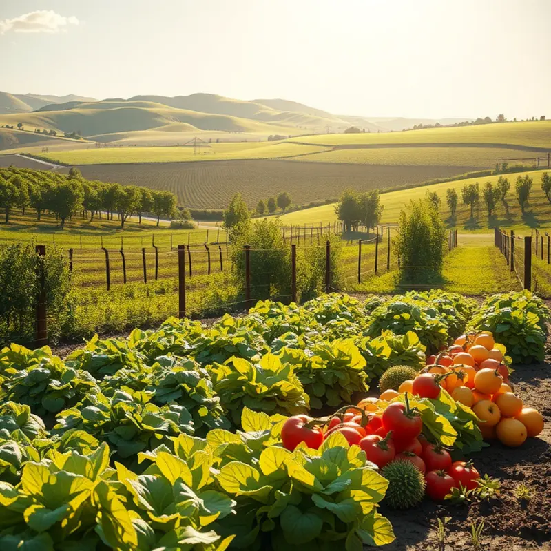 A vibrant sunlit field showcasing an array of organic fruits and vegetables.