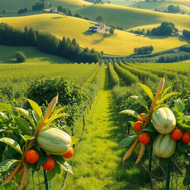 Fruits and vegetables thriving in a sunlit orchard.