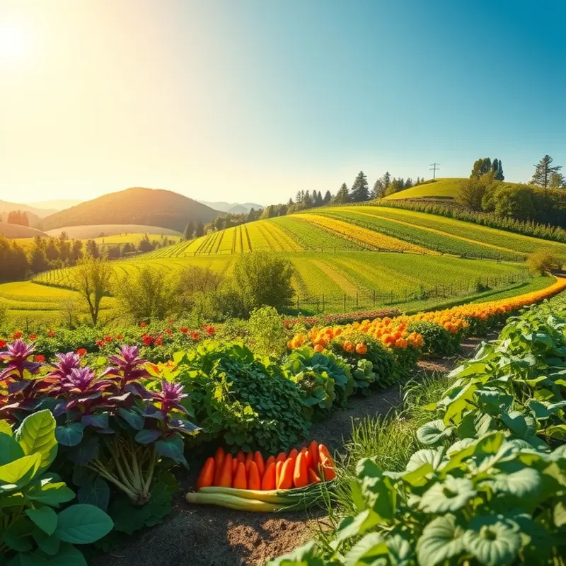 A vibrant sunlit orchard filled with organic fruits and vegetables.