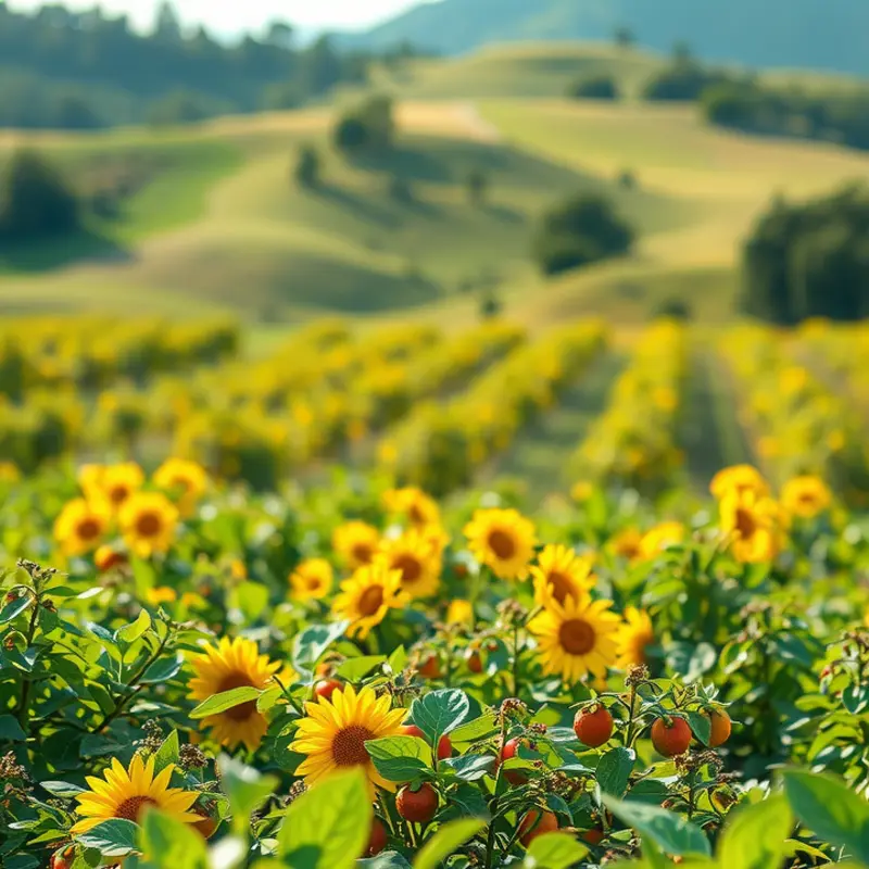A lush sunlit orchard full of organic produce.