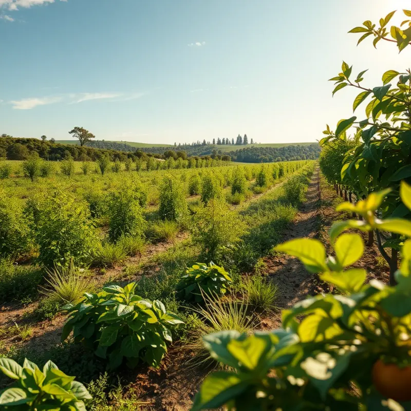 A vibrant sunlit orchard bursting with fresh vegetables and fruits.