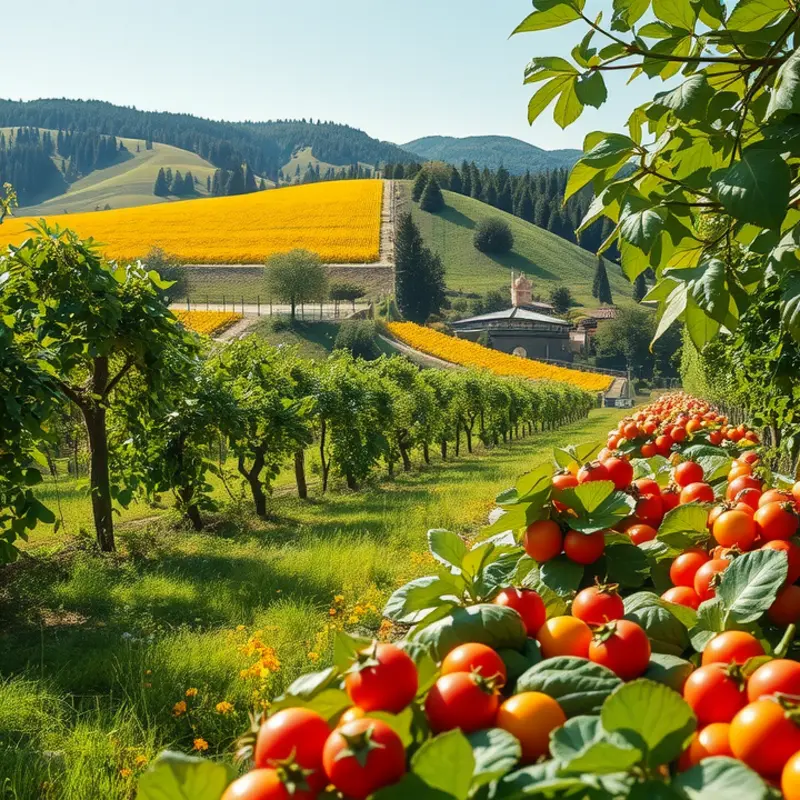 A sunlit landscape showcasing vibrant vegetables and fruits.